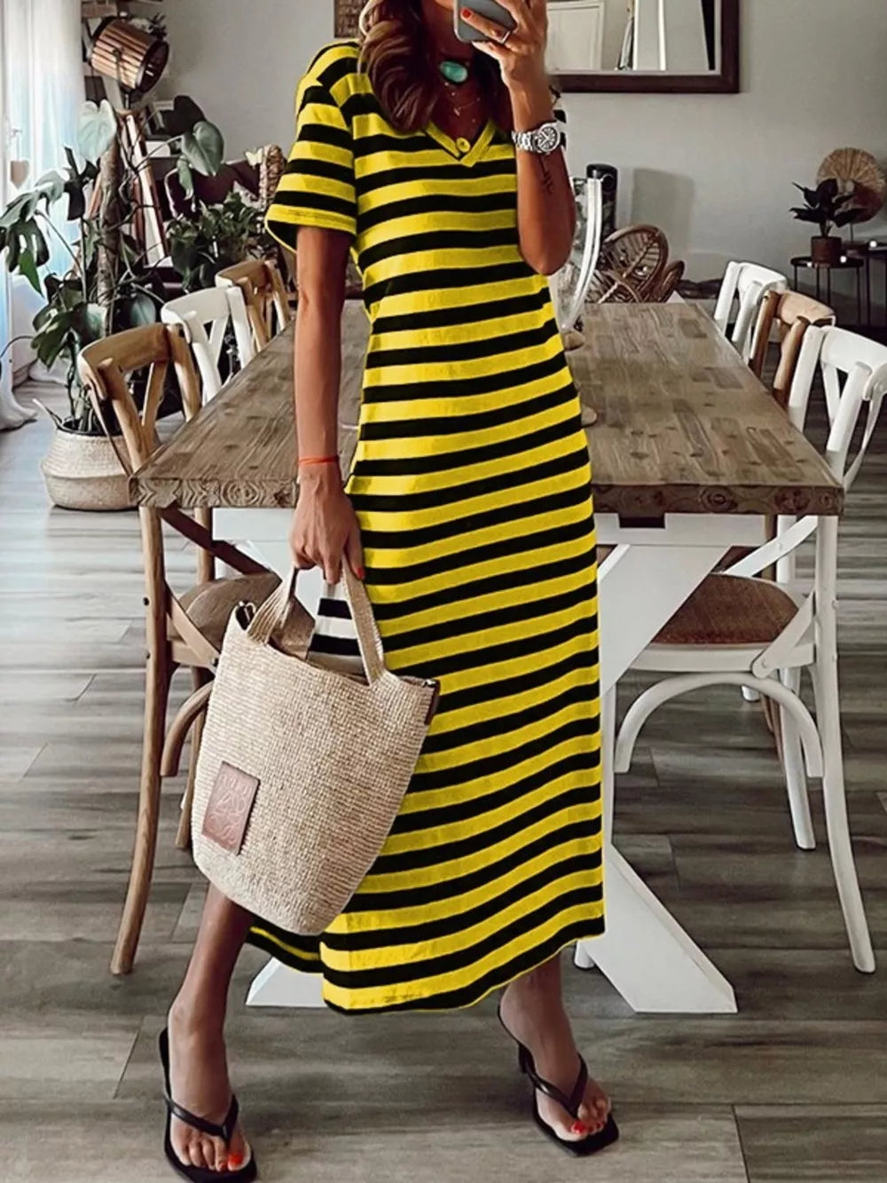 Full Size Striped V-neck Midi Dress With Side in Yellow, back view