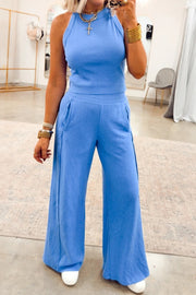 Blue ribbed tank top and wide-leg sweatpants set with pockets