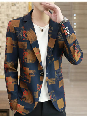 Men's slim fit blazer with abstract print in navy, brown, and red.
