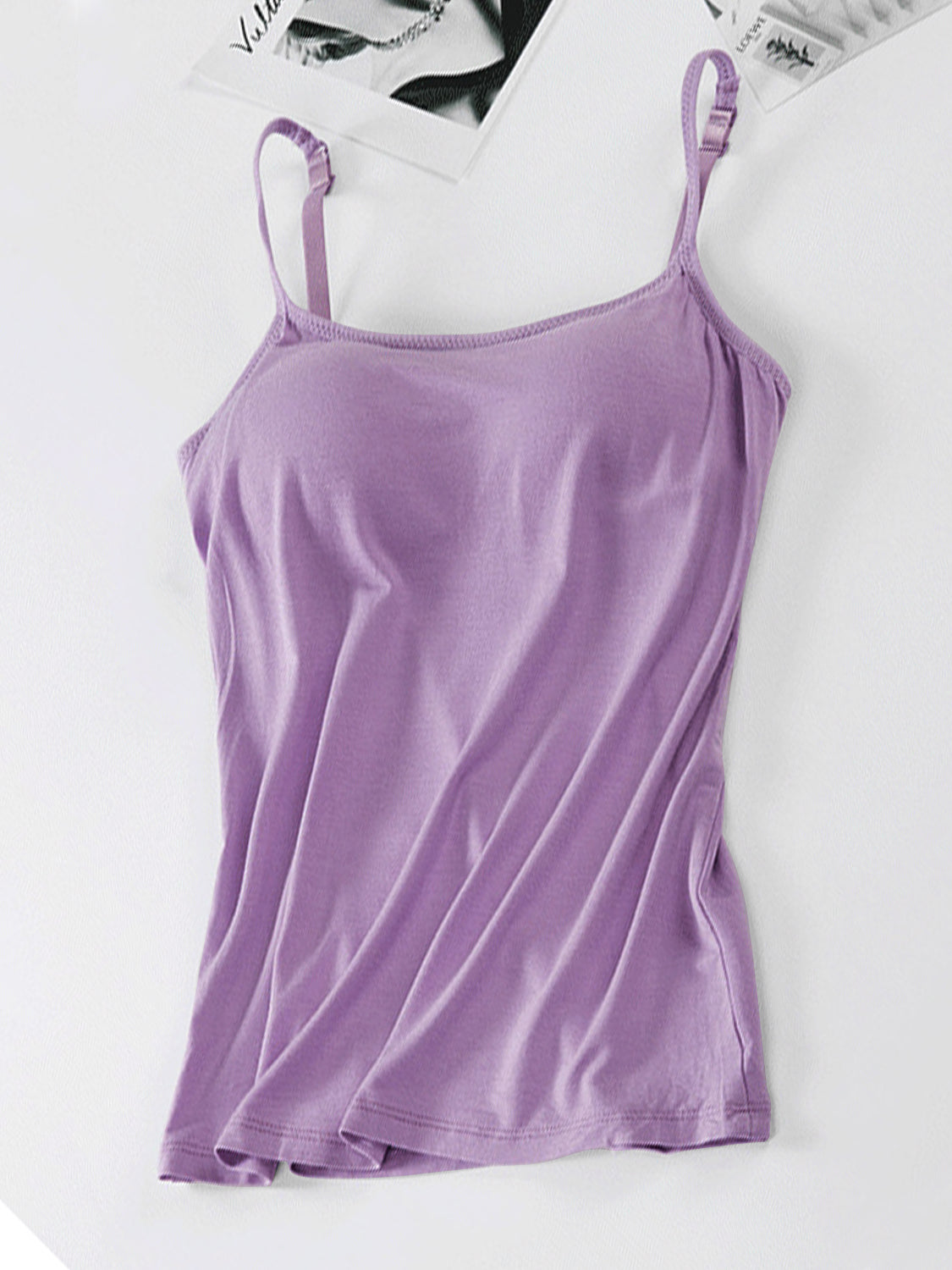 Lavender soft-cup cami with adjustable straps and a scoop neckline.