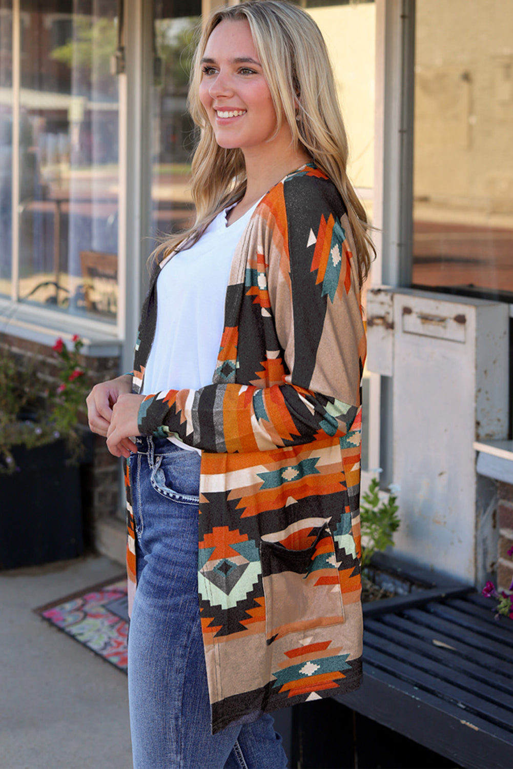 Southwestern print open cardigan with pockets in multicolor, featuring a boho casual style.