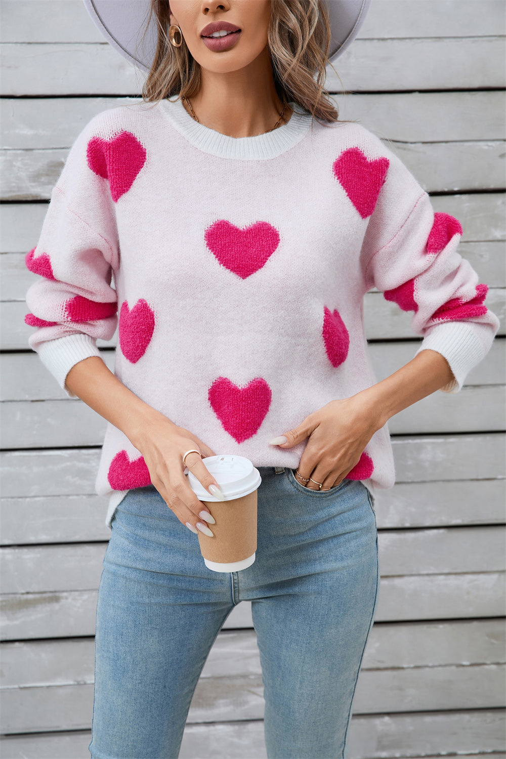 Pink crewneck sweater with hot pink heart appliqué, acrylic knit, casual style
