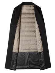 Men's black classic button up overcoat with quilted lining and satin interior.