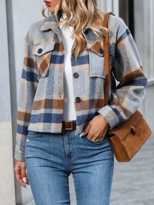 Plaid pocketed jacket with classic collar and button-down front in Black Forest.