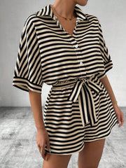 Black and tan striped shirt romper with self-tie belt and button front