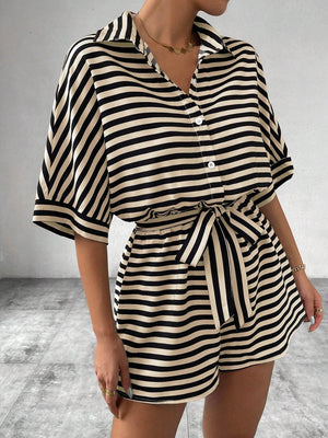 Black and tan striped shirt romper with self-tie belt and button front