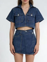 Medium wash denim cropped button-down top and mini skort set with chest pockets
