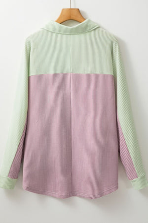 Waffle knit button-up shirt with colorblock design in dusty pink and light green.