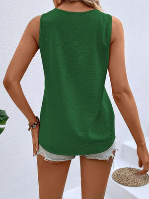 Green textured v-neck tank top with button front detail