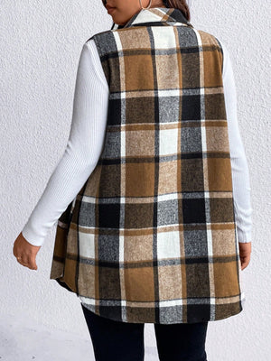 Oversized plaid shirt vest in brown, black, and white, with a collared neckline and buttoned front.