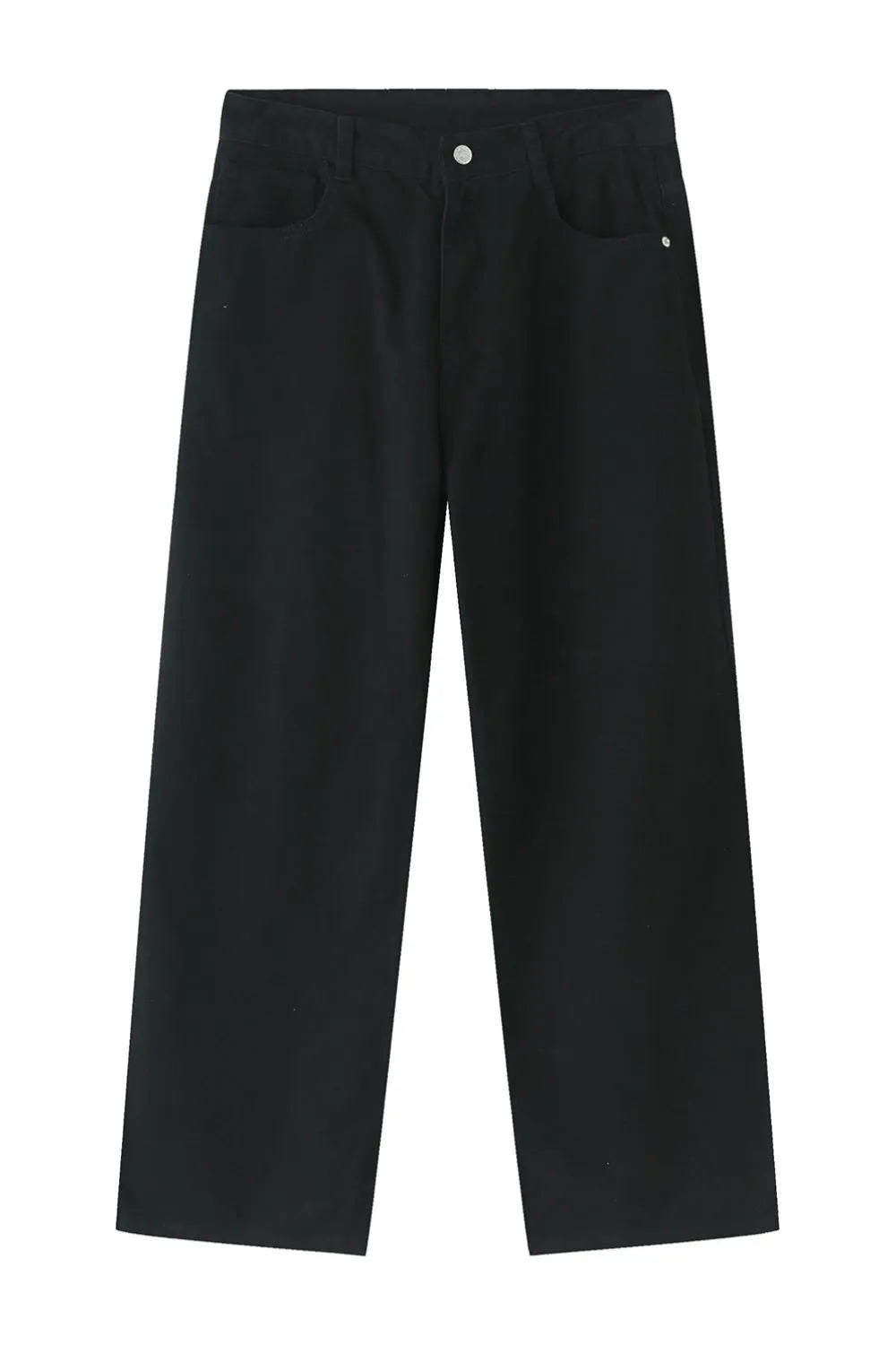 Black wide-leg denim trousers with a high-rise waist and classic five-pocket styling.