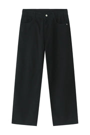 Black wide-leg denim trousers with a high-rise waist and classic five-pocket styling.