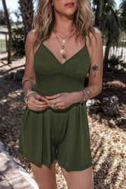 Army green ribbed bodice pleated short romper with spaghetti straps and V-neck.