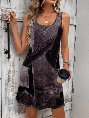 Patchwork Denim Sleeveless Mini Dress, fabric detail