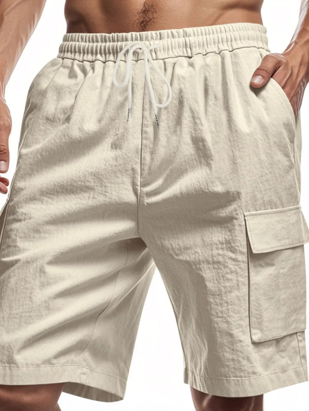 Khaki relaxed fit drawstring cargo shorts with utility pockets and elastic waistband.