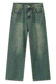 Wide-leg denim trousers in a faded dark green wash with a relaxed fit.