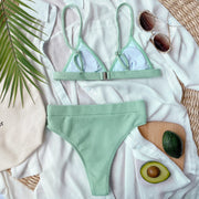 Light Green ribbed triangle bikini with high-waist brief.