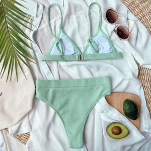 Light Green ribbed triangle bikini with high-waist brief.