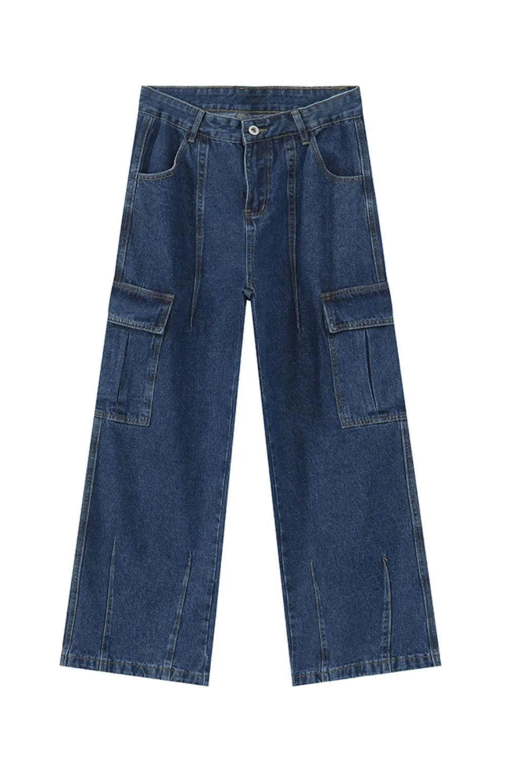 Wide-leg dark wash denim cargo pants with front seams and side cargo pockets.