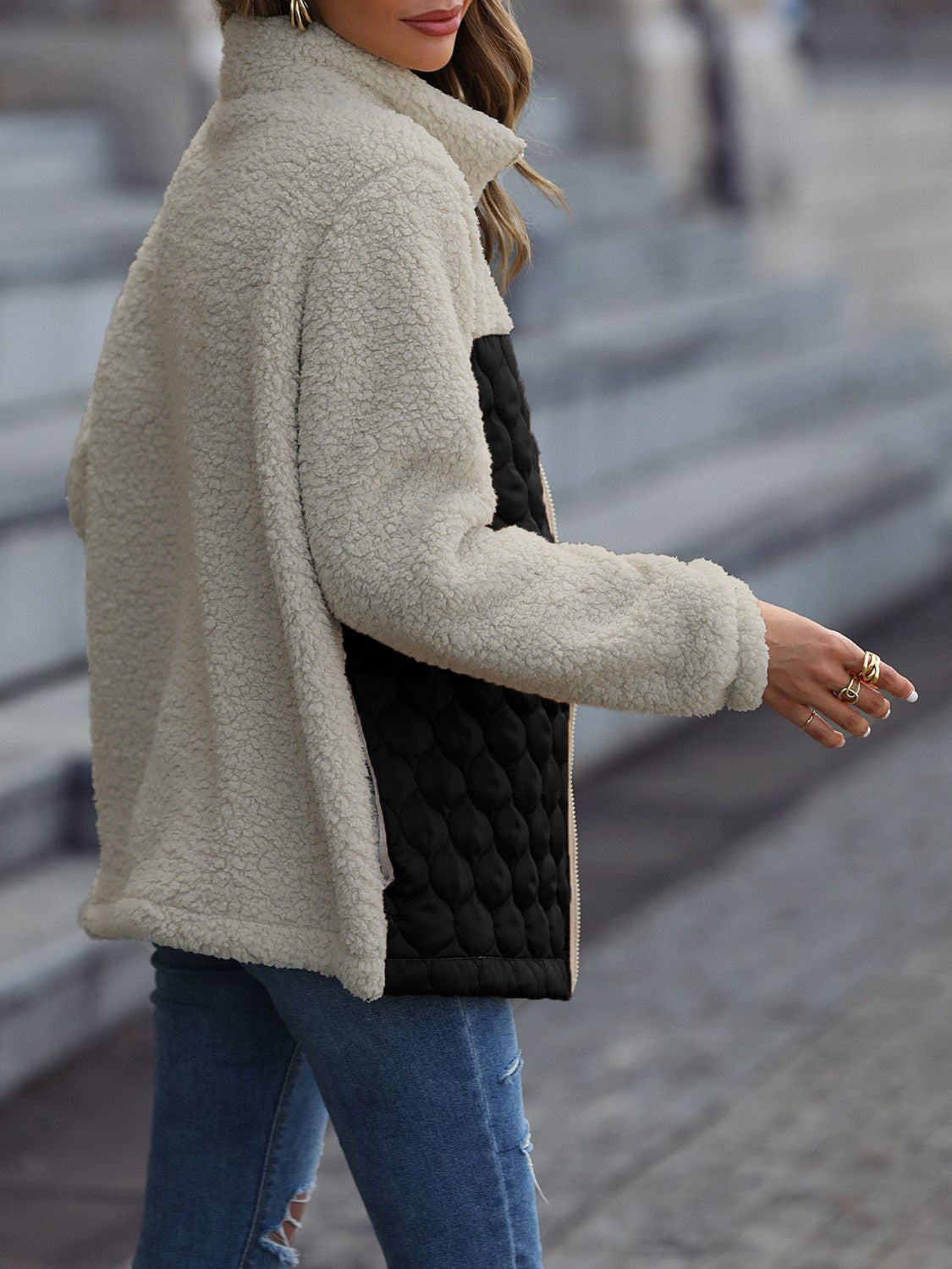 Teddy & quilted panel zip jacket in cream and black with a stand-up collar.