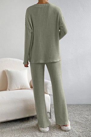 Ribbed knit lounge set in Sage, featuring a crew neck top and flared pants.