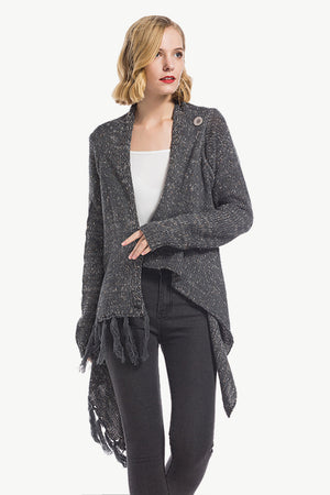 Asymmetric fringe knit cardigan in dark gray with a button closure and waterfall hem.