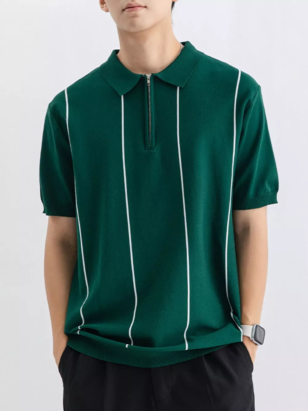 Men's Wood Green knit polo with vertical white stripes and zip neck.