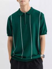 Men's Wood Green knit polo with vertical white stripes and zip neck.