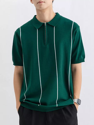 Men's Wood Green knit polo with vertical white stripes and zip neck.