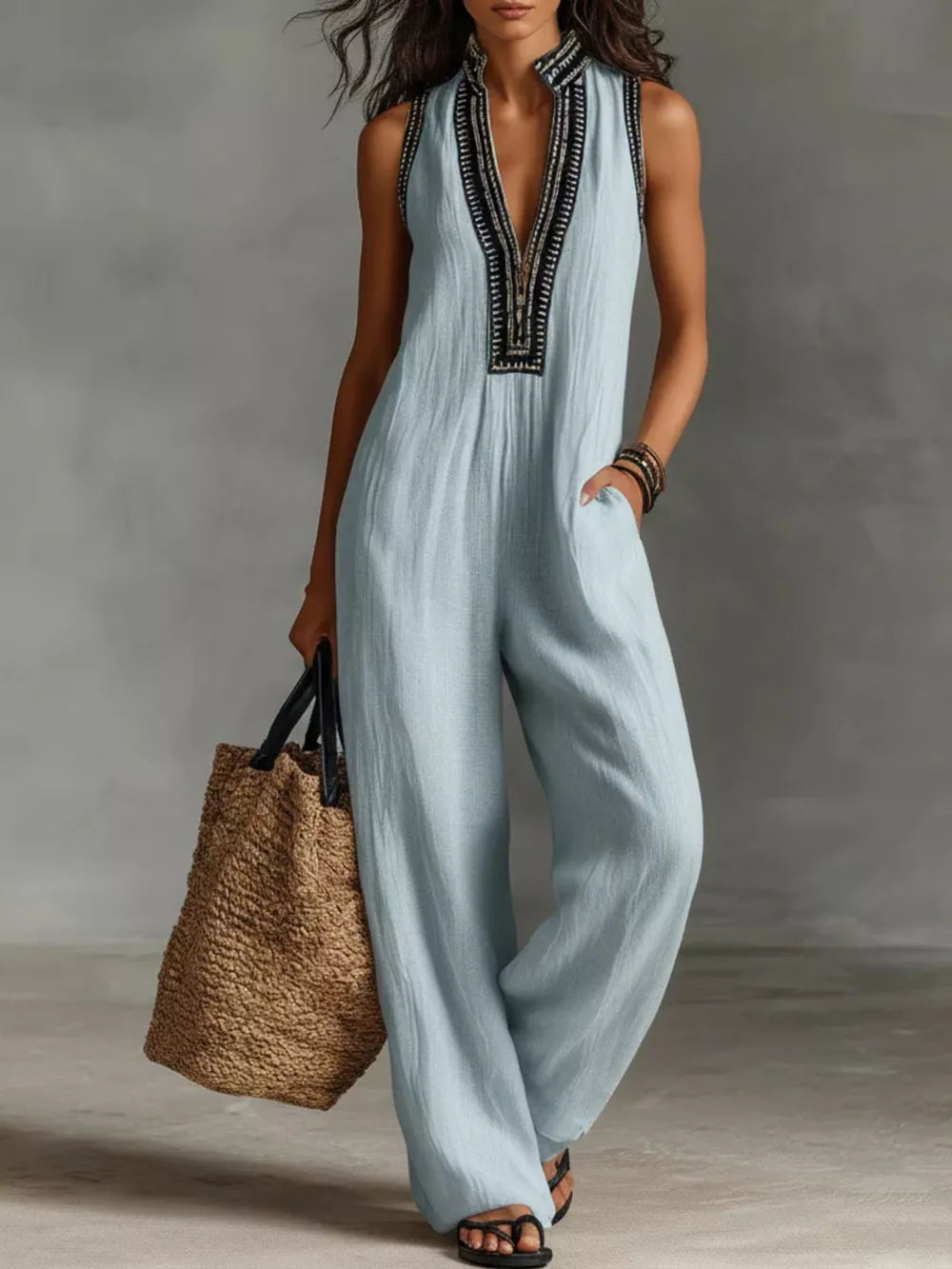 Full Size Sleeveless Wide-leg Jumpsuit Plus Size in Sky Blue, fabric detail