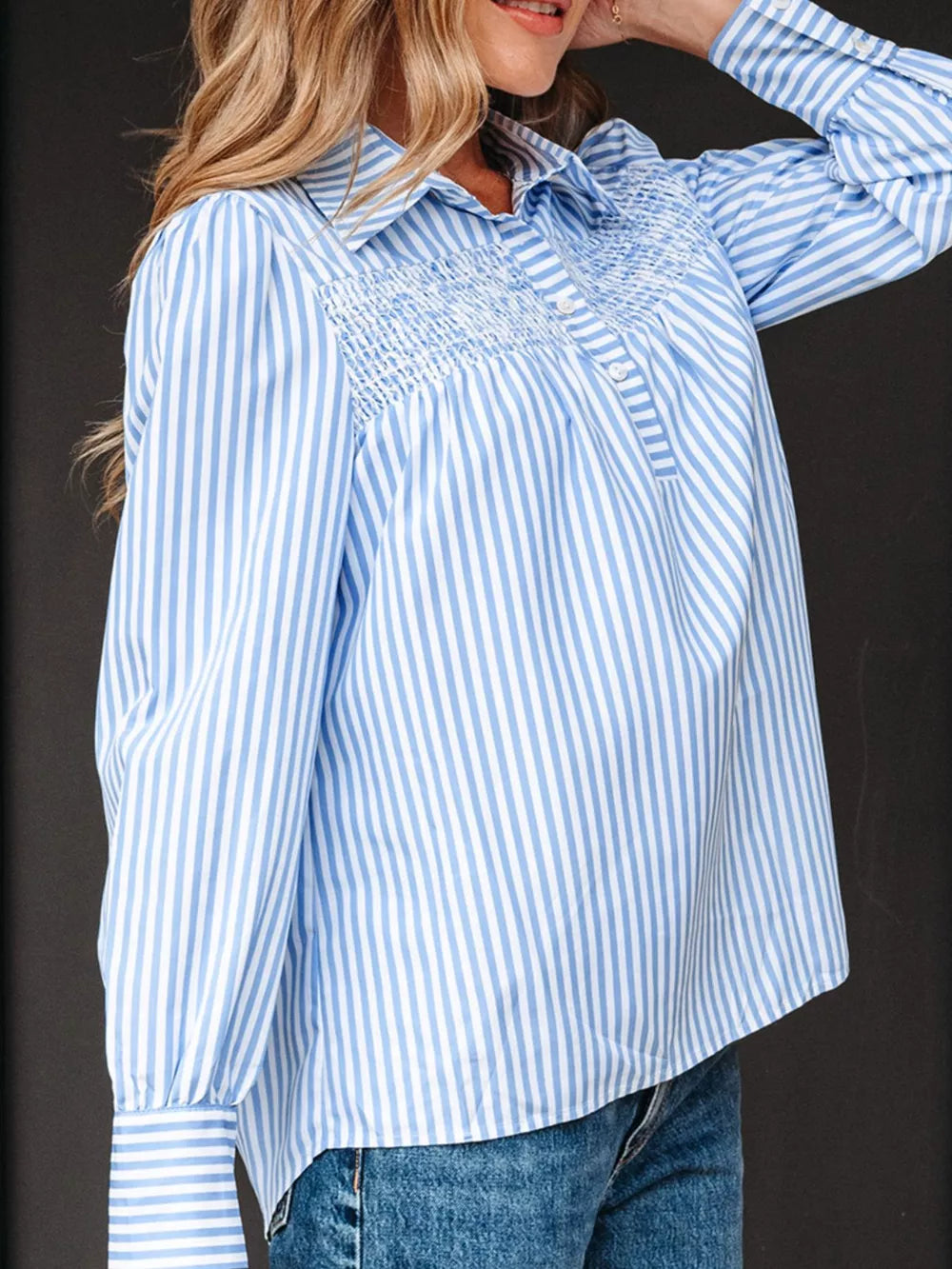 Striped Smocked Collared Blouse in Light Blue, back view