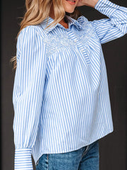 Striped Smocked Collared Blouse in Light Blue, back view