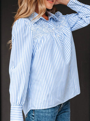 Striped Smocked Collared Blouse in Light Blue, back view