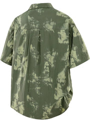 Men's green tie-dye print casual shirt, short sleeve, buttoned, cotton blend.