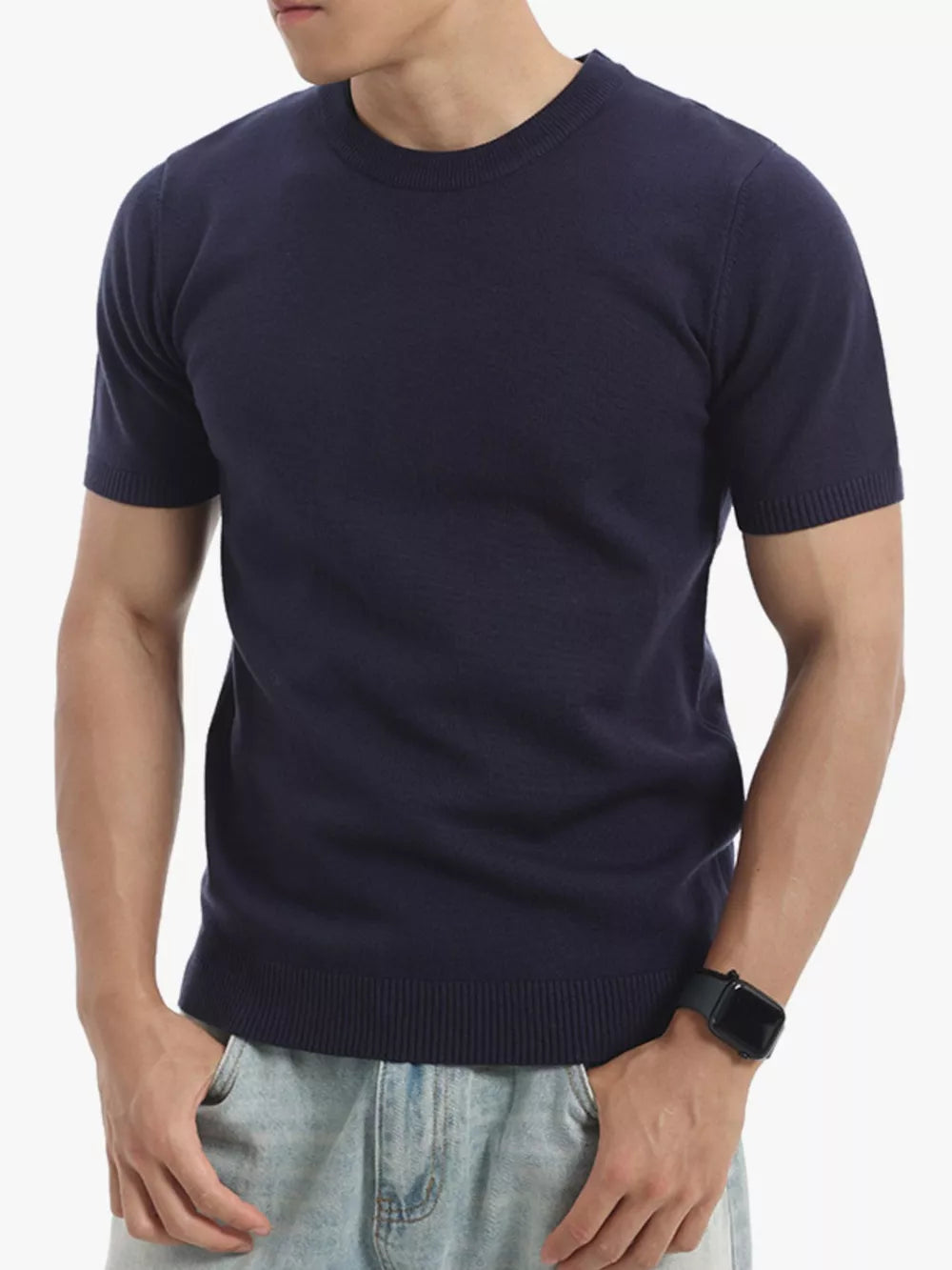 Men's royal blue knit crew neck undershirt with short sleeves and ribbed hem.
