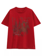 Red cotton blend graphic tee with vintage horse and text print.