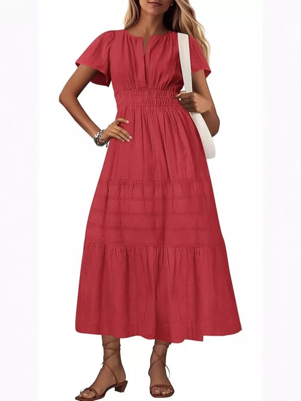 Ruched V-neck tiered midi dress in Scarlet with flutter sleeves and smocked waist.