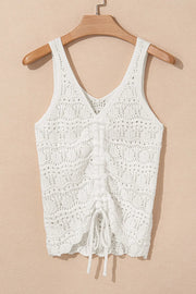 White crochet tank top with V-neck and ruched drawstring front detail