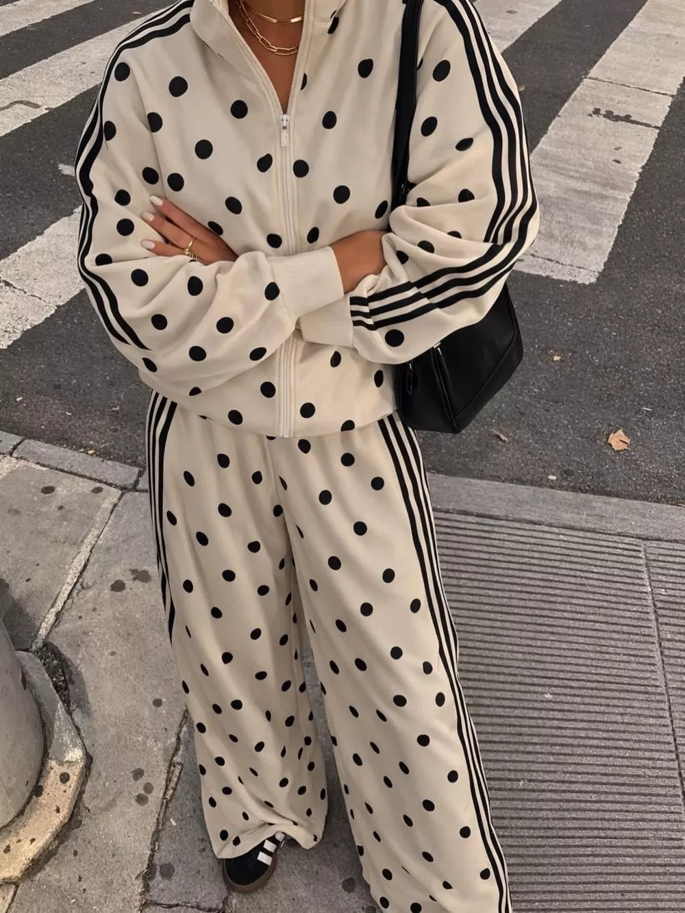 Polka Dot Zip Up Outerwear And Pants Set in Black, fabric detail
