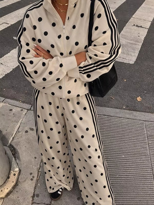 Polka Dot Zip Up Outerwear And Pants Set in Black, fabric detail