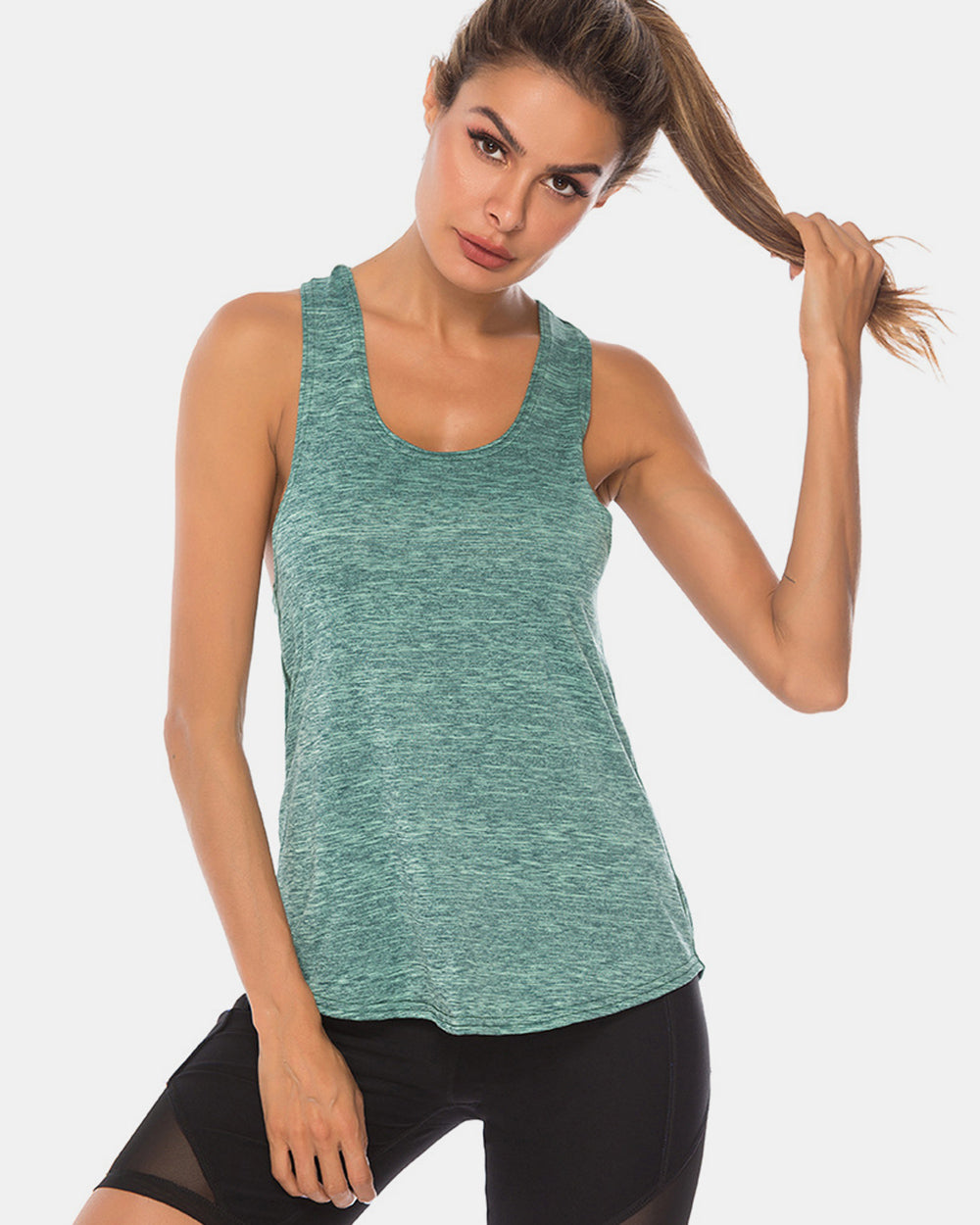 Light green heathered racerback performance tank top with scoop neck