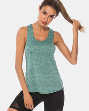 Light green heathered racerback performance tank top with scoop neck