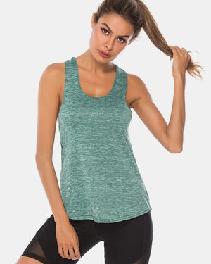Light green heathered racerback performance tank top with scoop neck