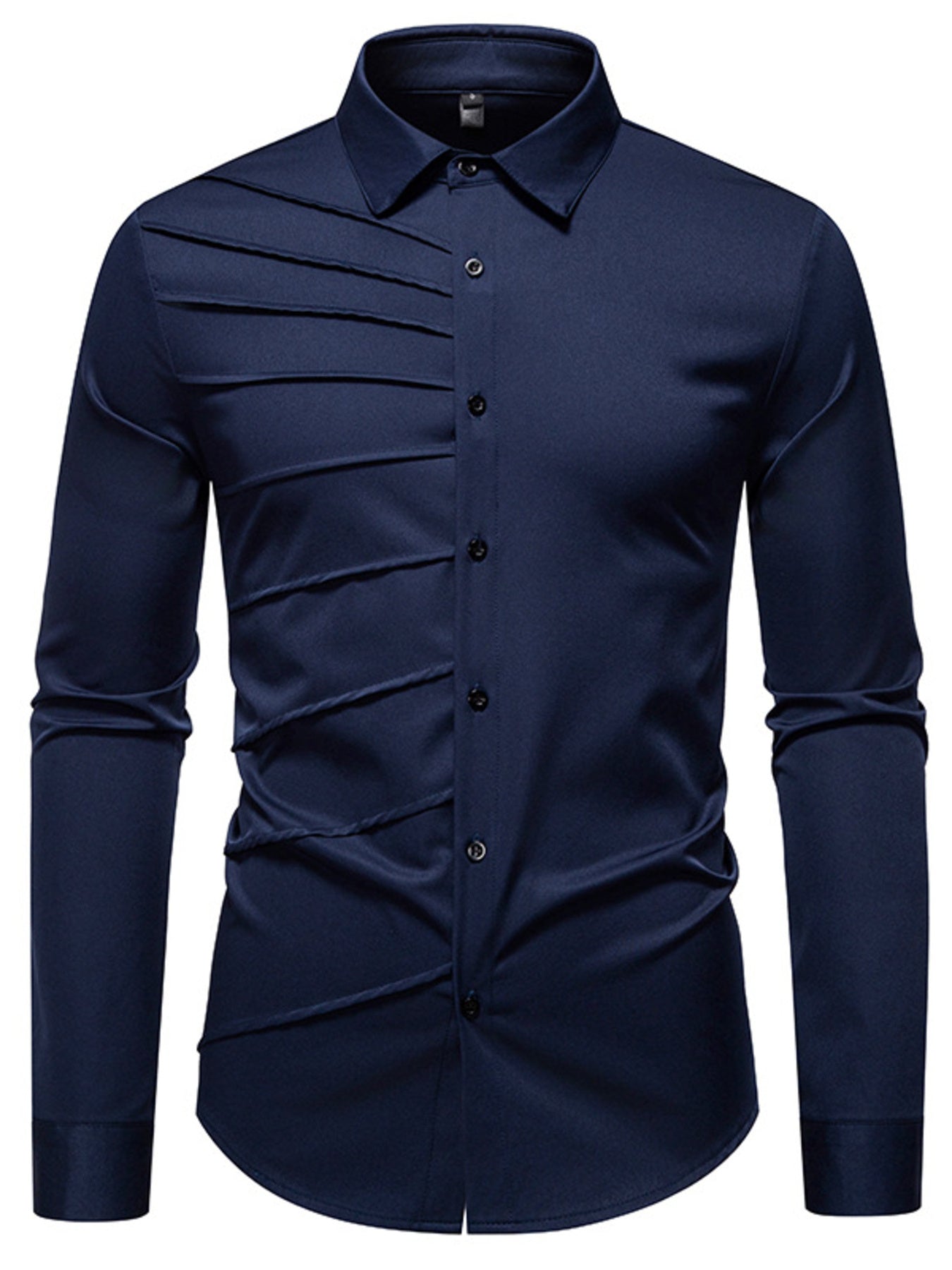 Navy blue cotton long sleeve shirt with asymmetrical ruched detail and button front.