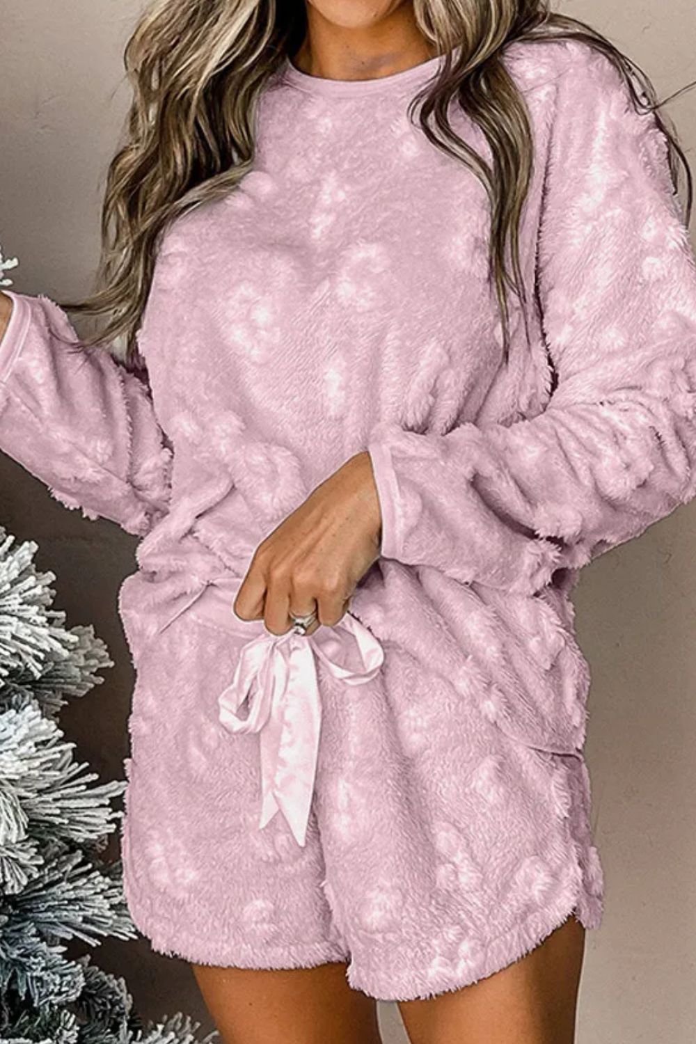 Textured lounge set in blush pink, soft fabric, adjustable fit.