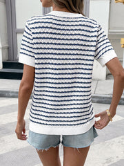 Chic striped knit top with button placket and short sleeves.