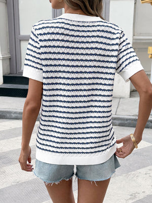 Chic striped knit top with button placket and short sleeves.