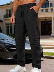 Men's black linen-blend drawstring sweatpants with pleated detail