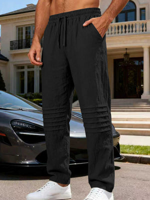 Men's black linen-blend drawstring sweatpants with pleated detail
