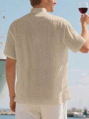 Men's relaxed fit linen blend short sleeve shirt in Khaki with band collar.